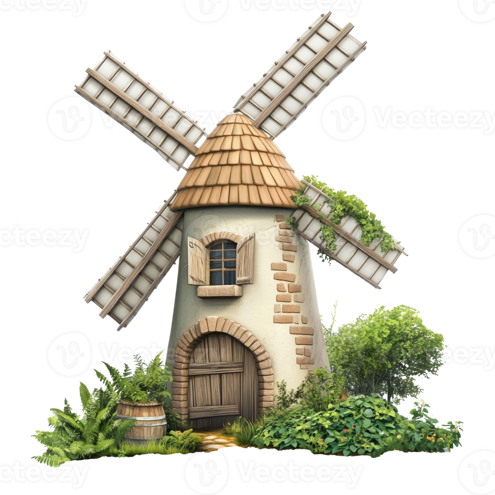 Charming windmill surrounded by lush greenery png
