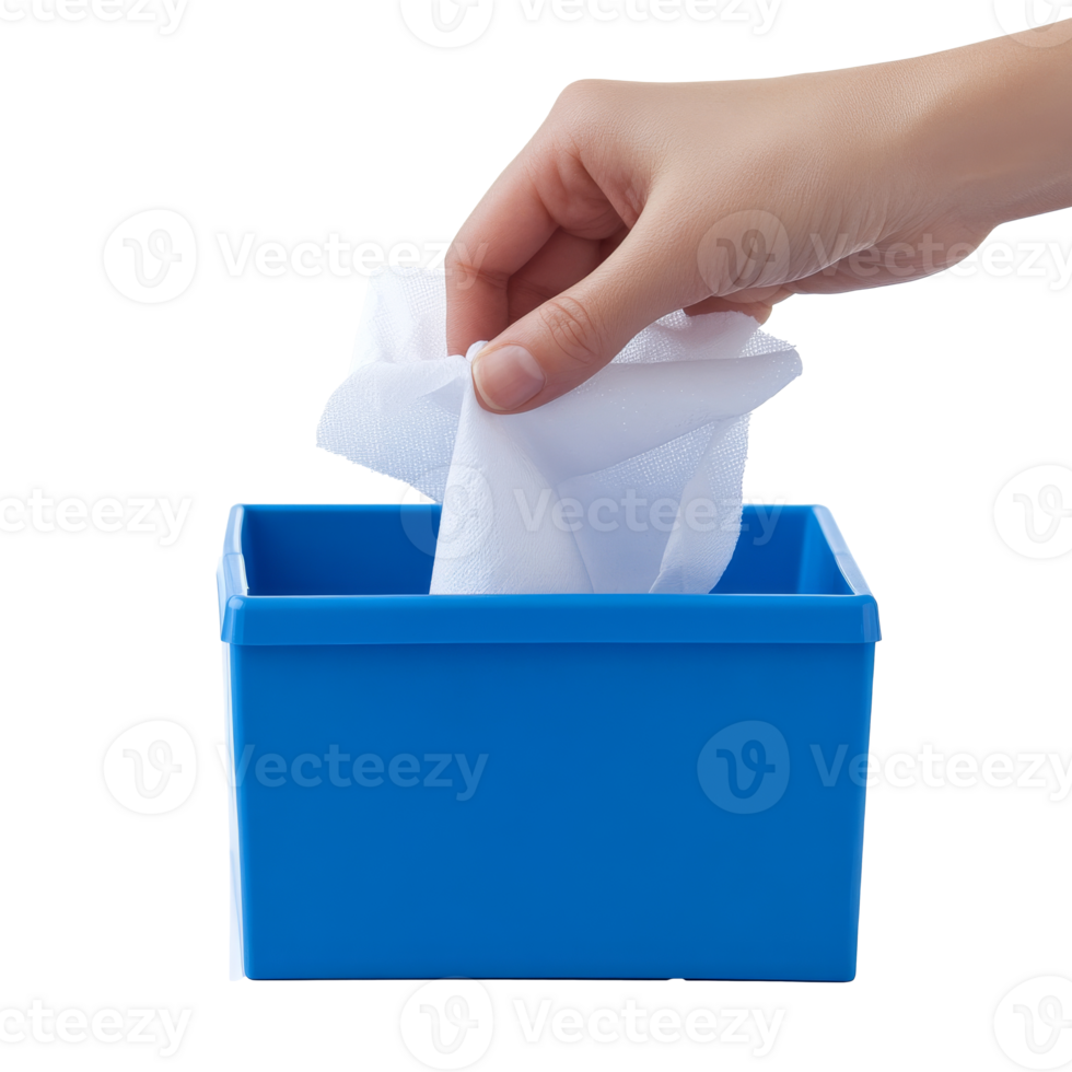 Hand placing a white tissue in a blue storage box png