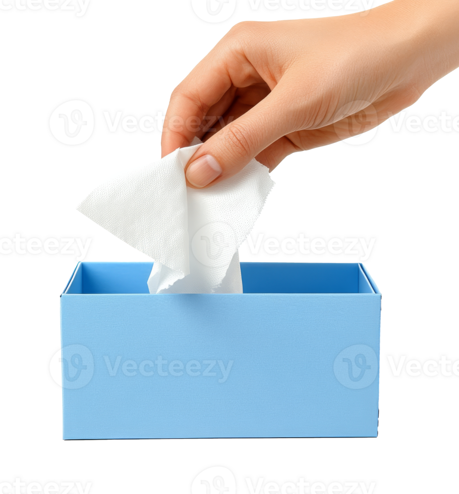 Hand removing a tissue from a blue tissue box png