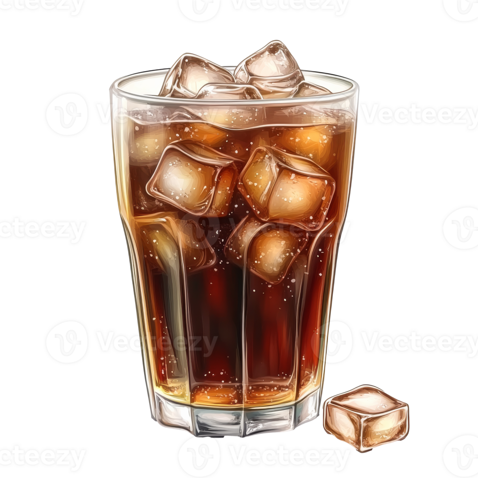 Refreshing glass of cola with ice cubes in summer png