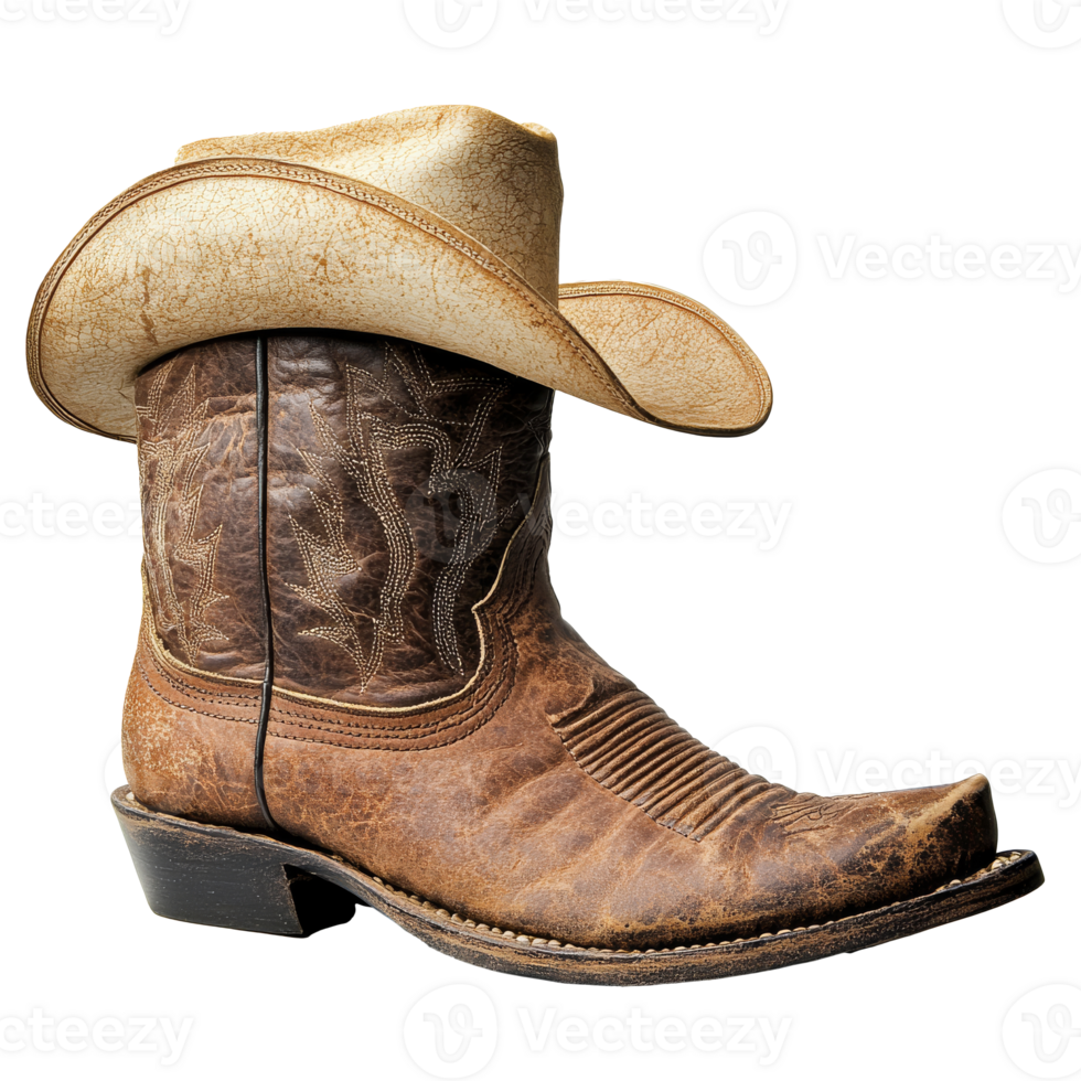 Brown cowboy boot and hat on display png