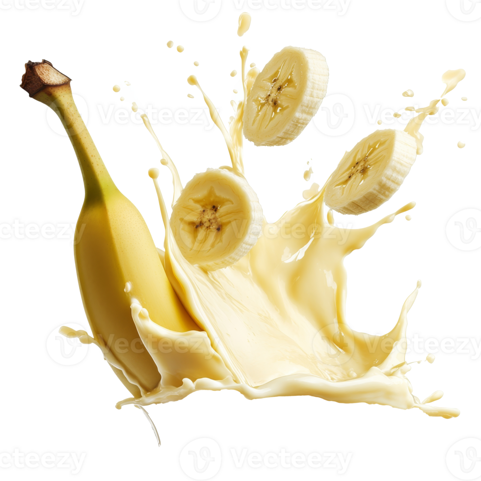 Banana splashing into a creamy mixture with slices png