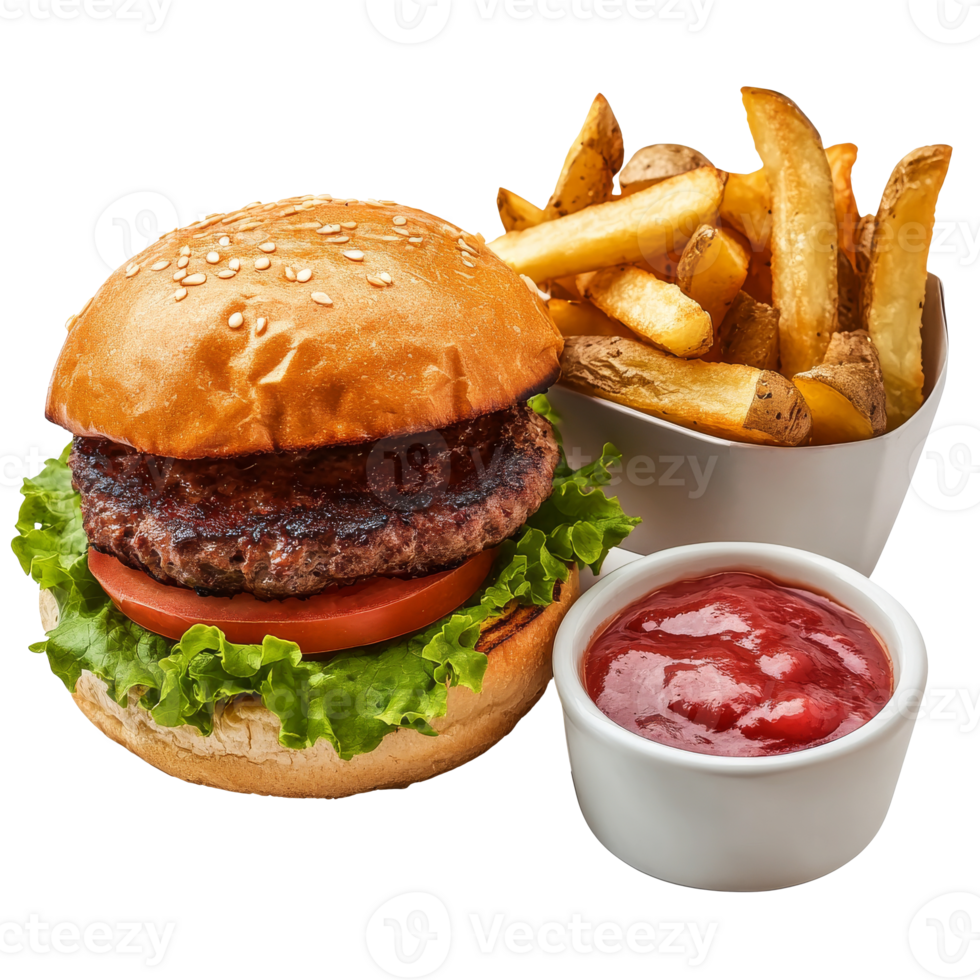 Delicious burger with fries and ketchup served hot png
