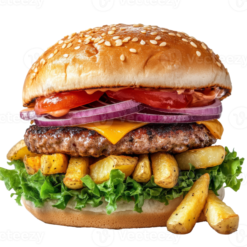 Juicy cheeseburger with fresh toppings and fries png