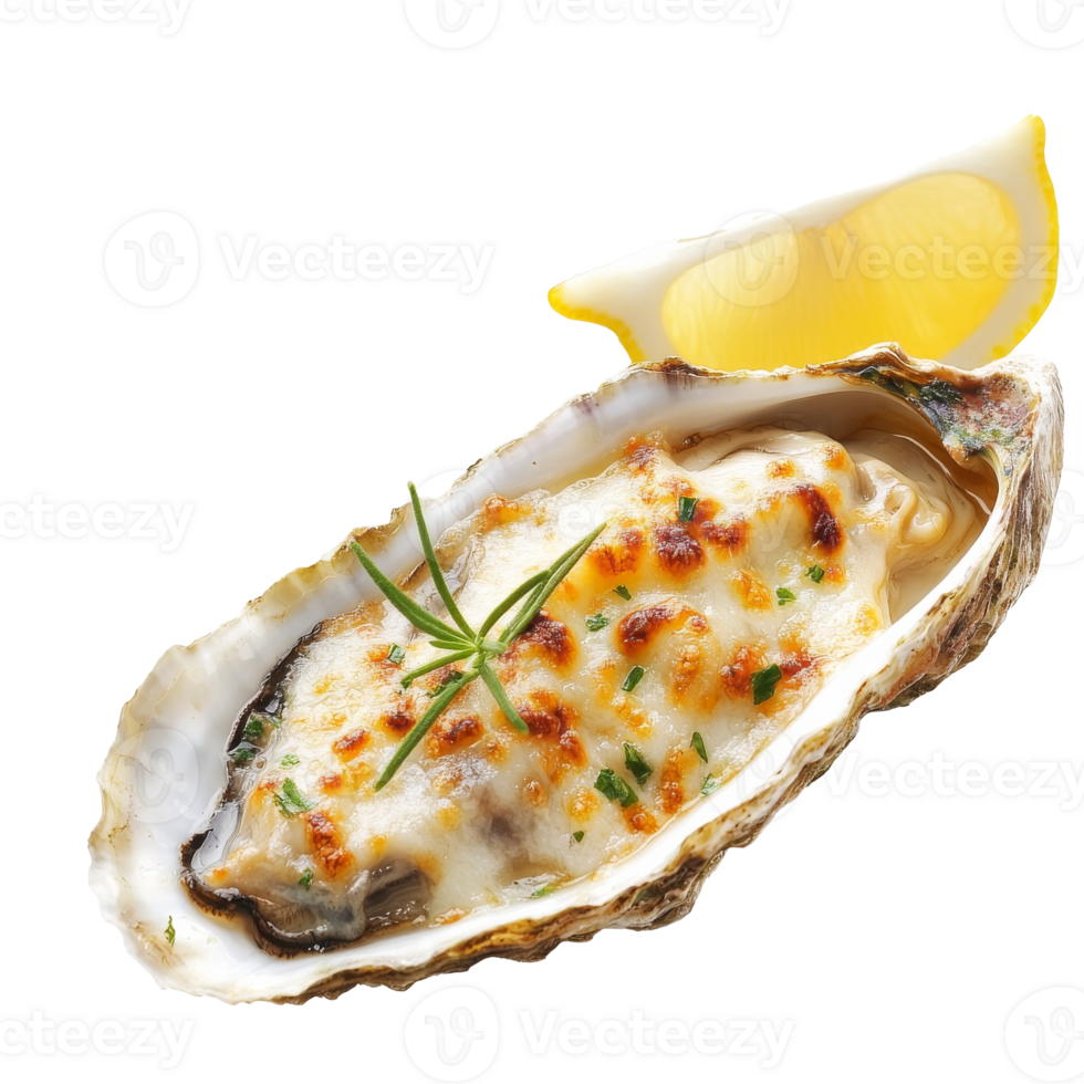 Cheesy herb baked oysters with lemon png