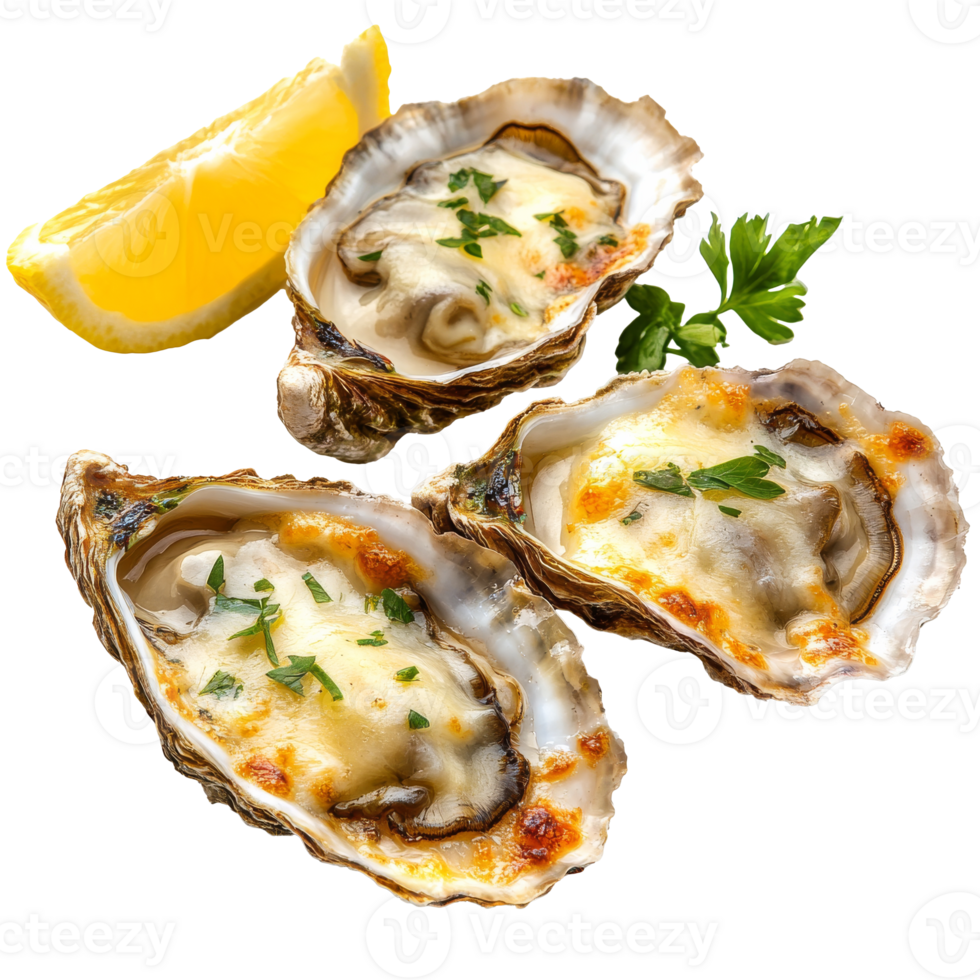 Cheesy baked oysters with lemon png