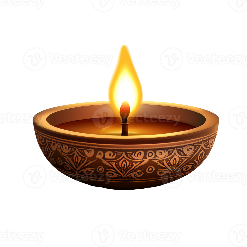 Traditional clay diya lamp with a warm flame png