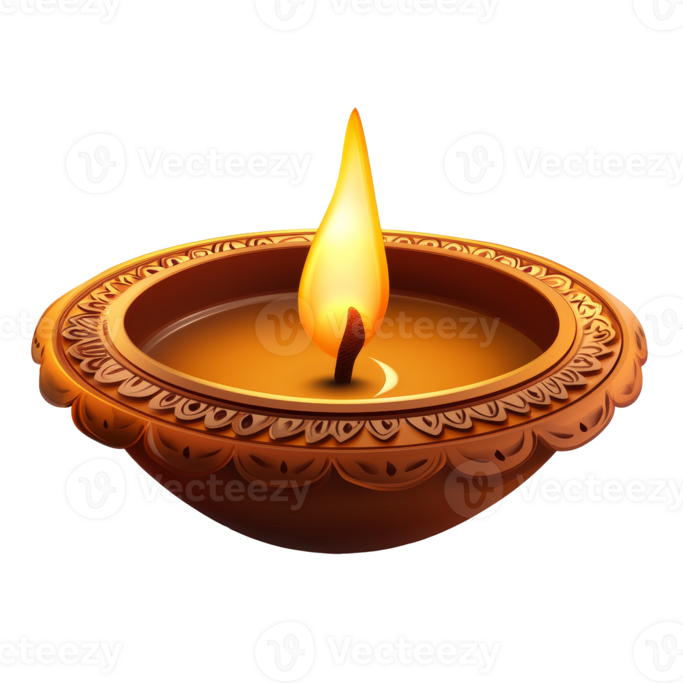 Artful clay diya with flickering flame png