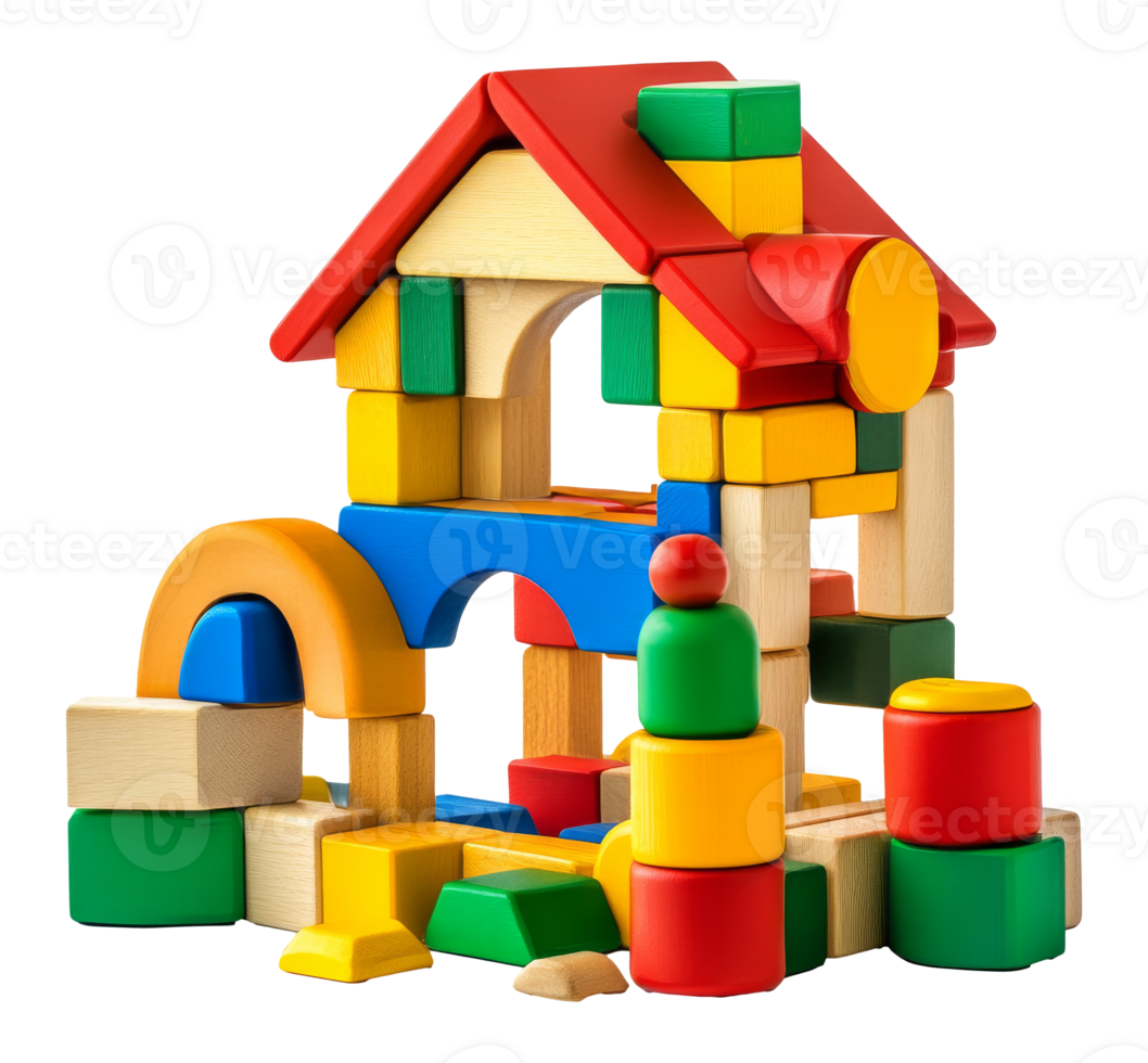 Wooden blocks stacked as a colorful house png