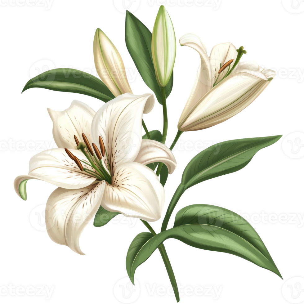Elegant white lilies with green leaves in bloom png