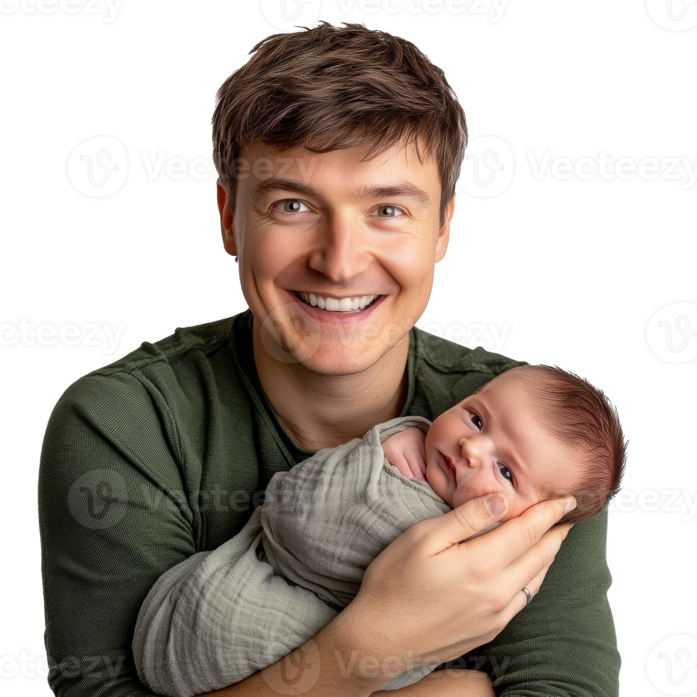 Happy father holding newborn baby in cozy setting png