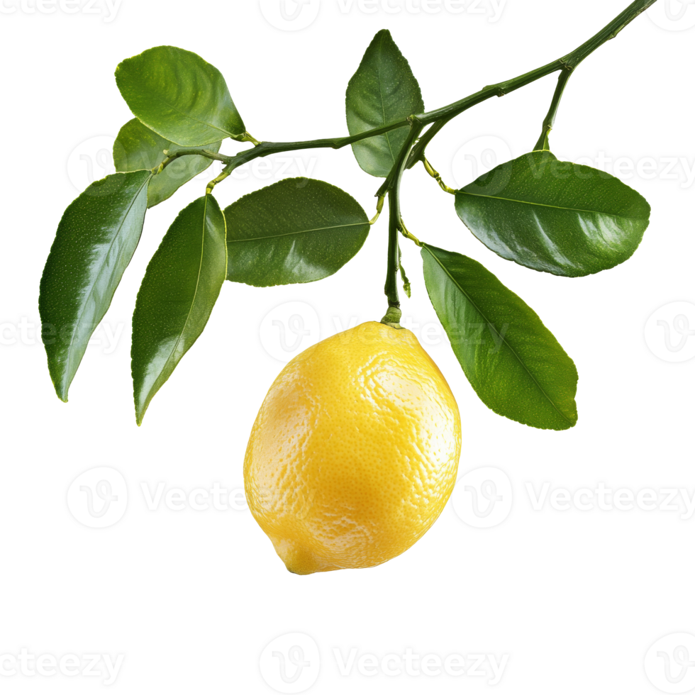 Fresh lemon hanging from a green tree branch png
