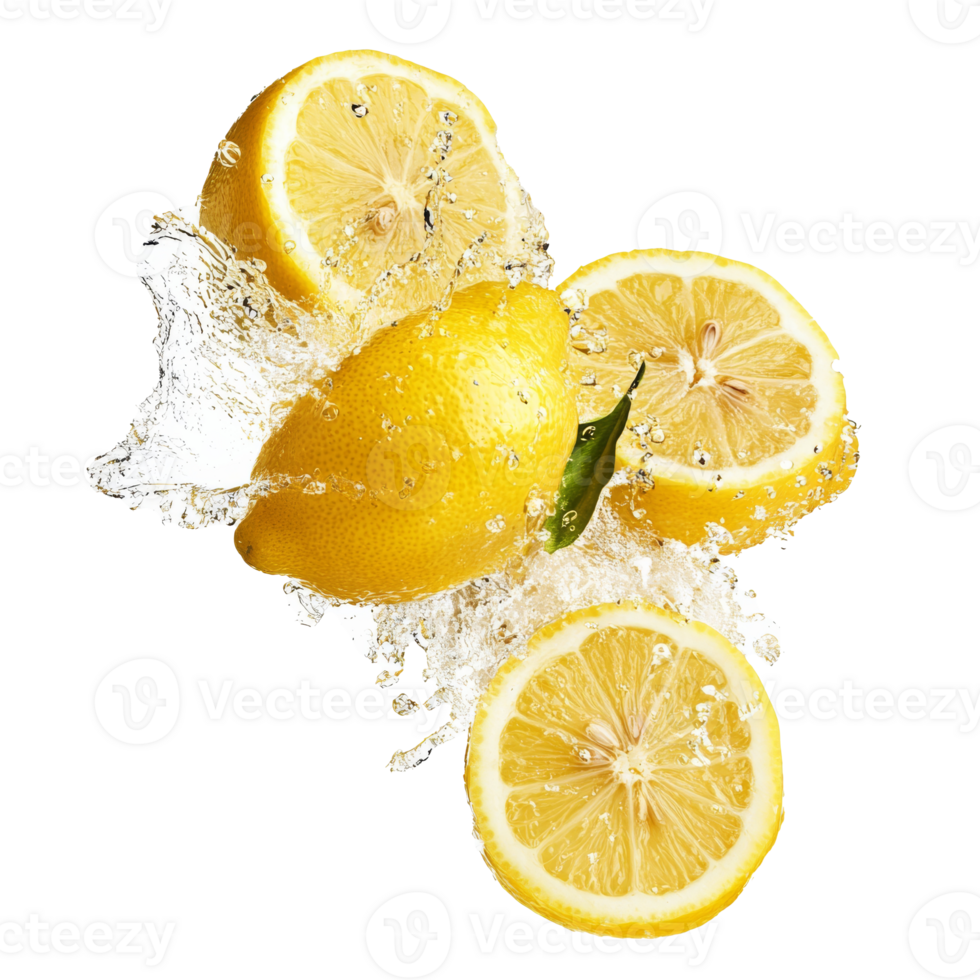 Fresh lemons splashing in clear water with slices png