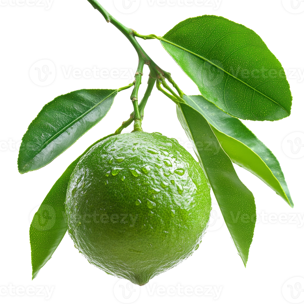 Fresh green lime hanging from a branch with leaves png