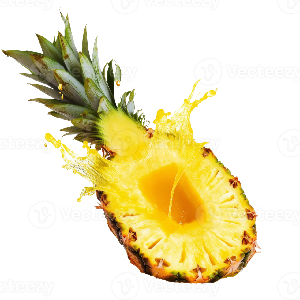 Fresh pineapple cut open with juice splashing out png