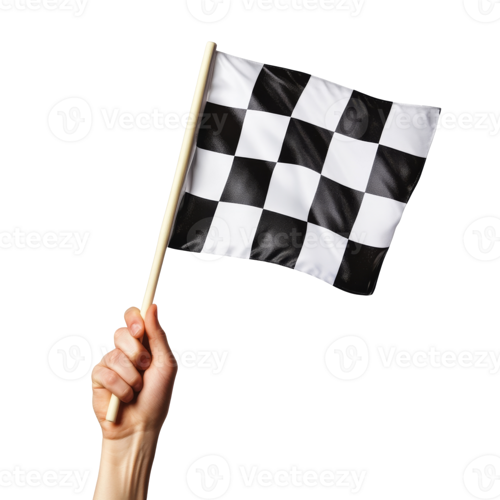 Hand holding a checkered race flag in victory png