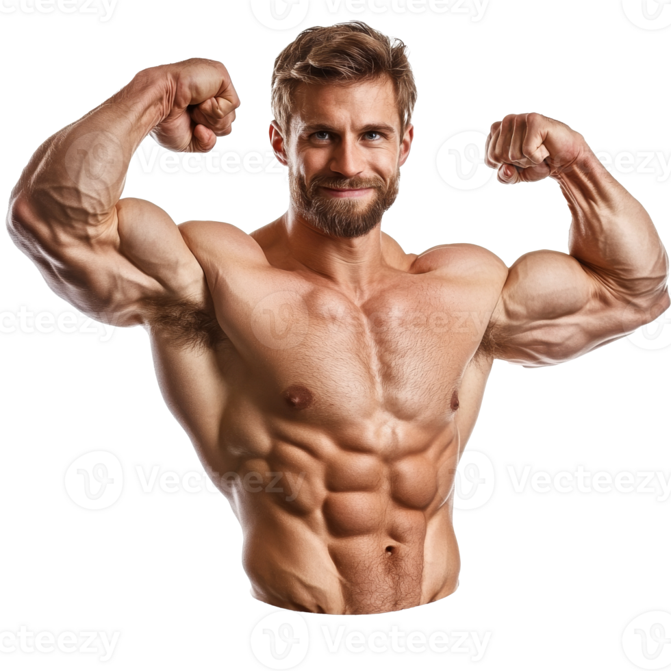 Muscular man flexing his biceps in bright light png