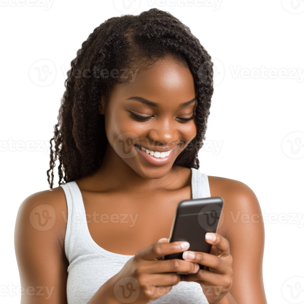 Smiling woman using a smartphone indoors png