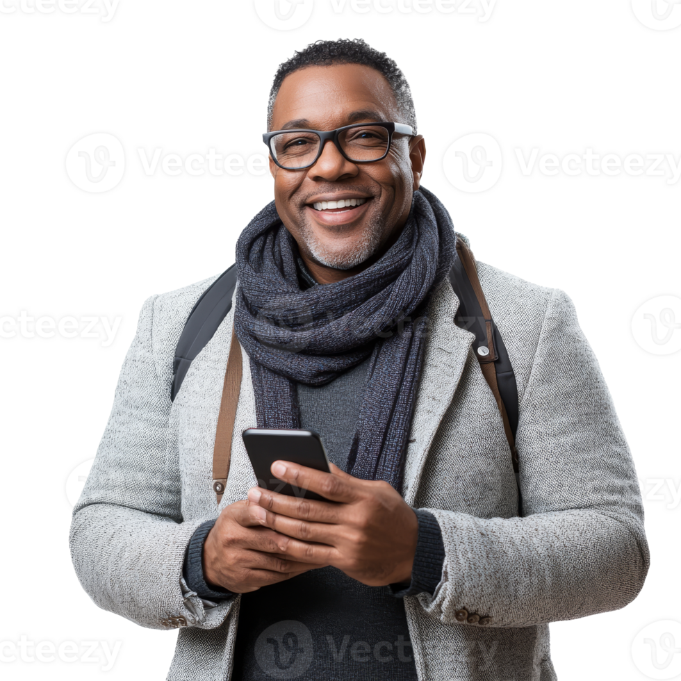 Smiling man holding a smartphone in a cozy outfit png