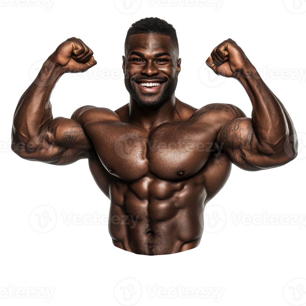 A strong athlete flexing muscles with a big smile png