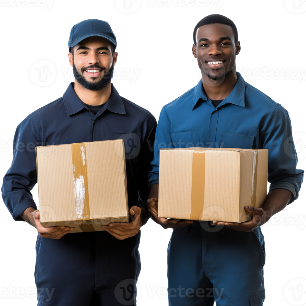 Two uniformed delivery workers with boxes png