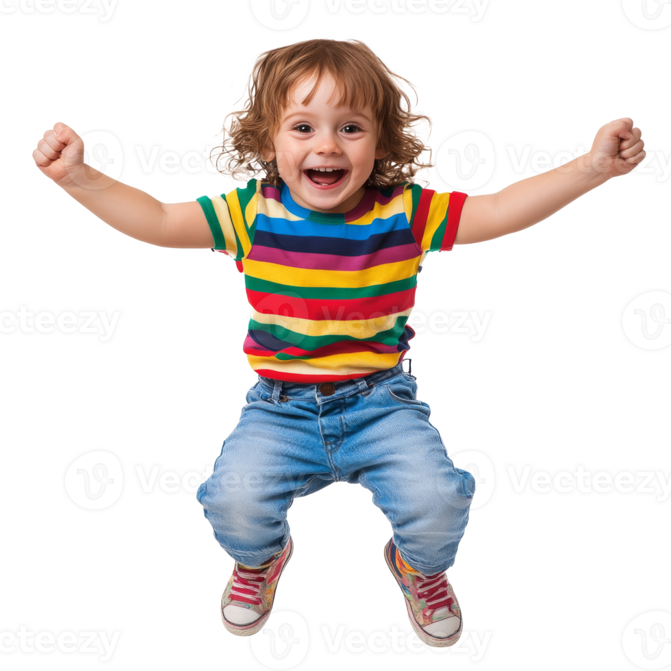 Joyful child in striped shirt jumping png