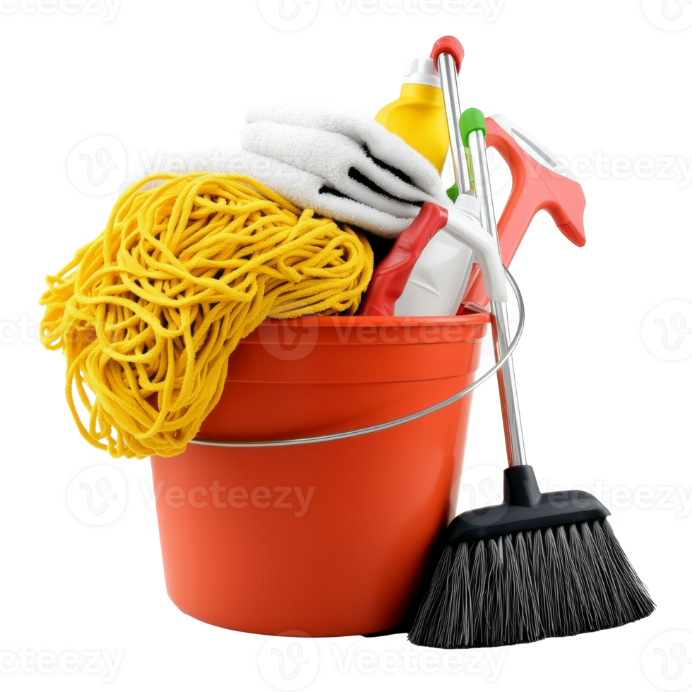 Orange bucket with cleaning supplies png