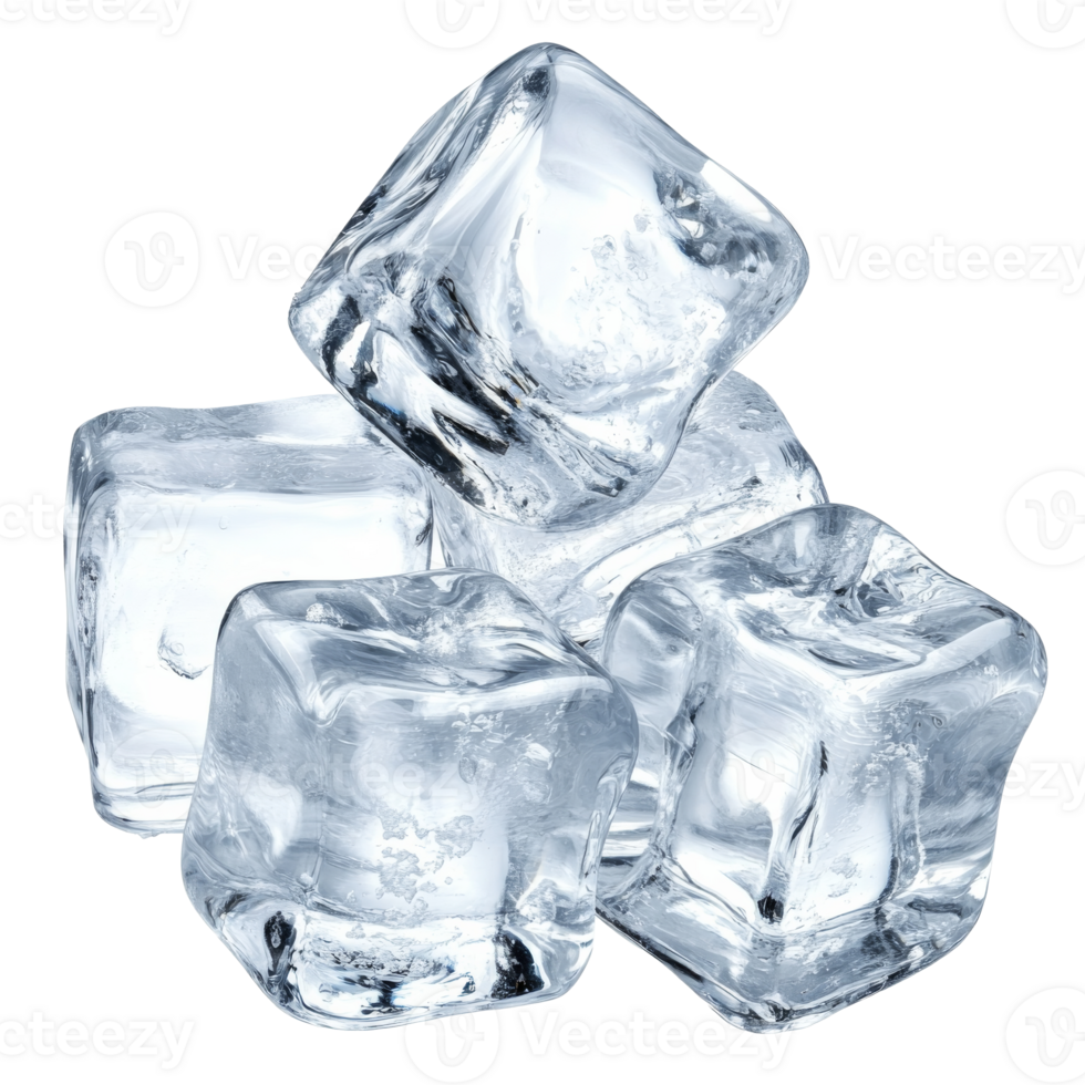 Clear ice cubes placed together on a white surface png