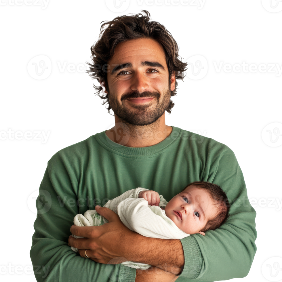 Father cradling newborn baby with a smile indoors png