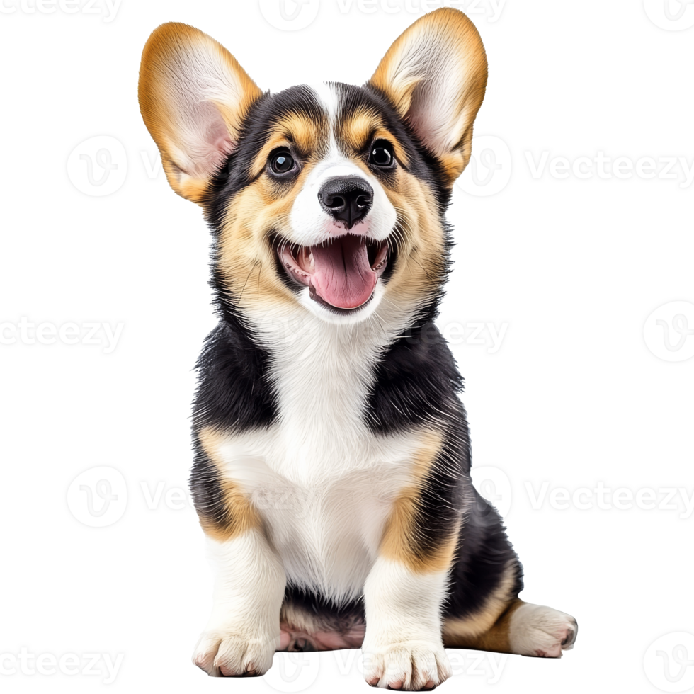 Happy corgi puppy sitting and smiling indoors png