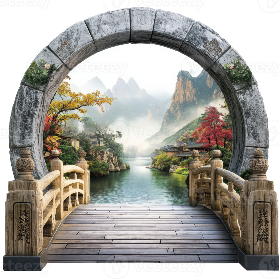 Stone arch and bridge in serene landscape png