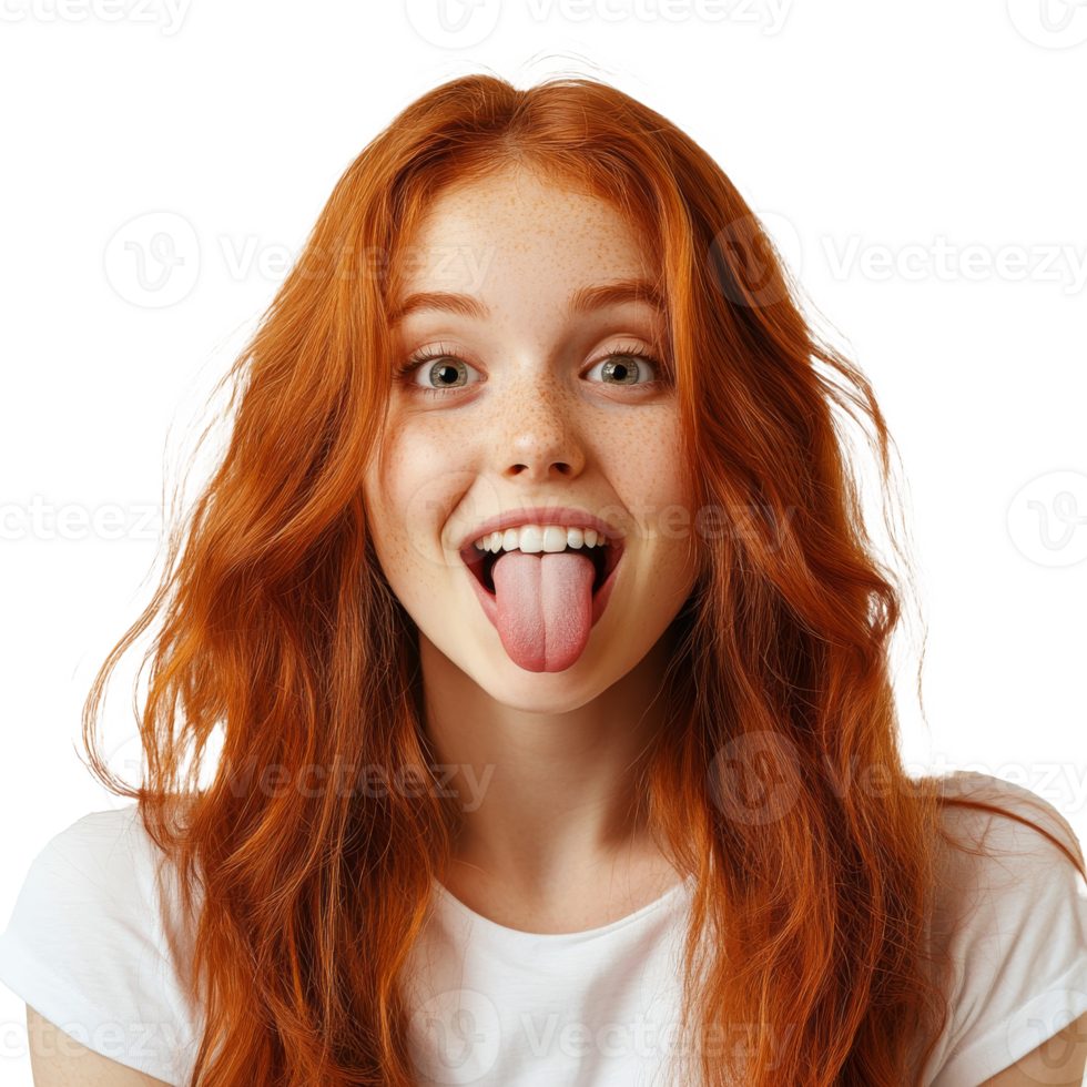 Girl with red hair playfully sticking tongue out png