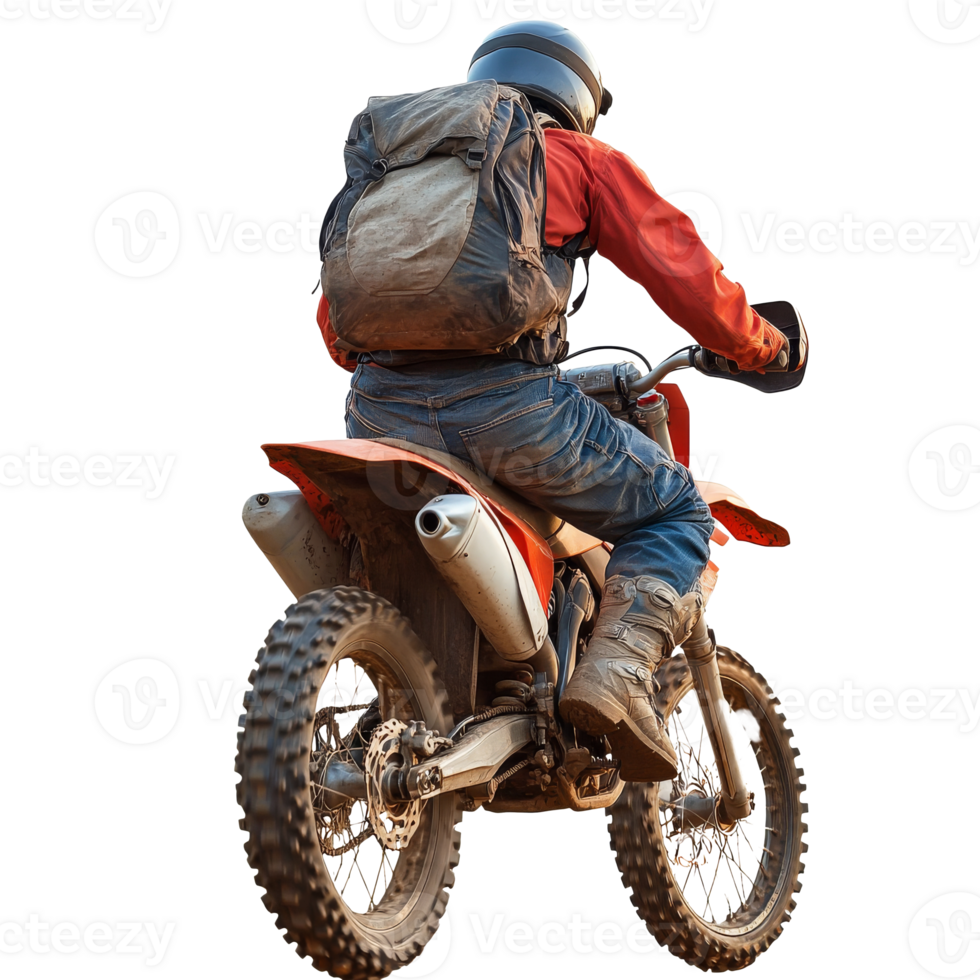 Rider on dirt bike with backpack in open terrain png