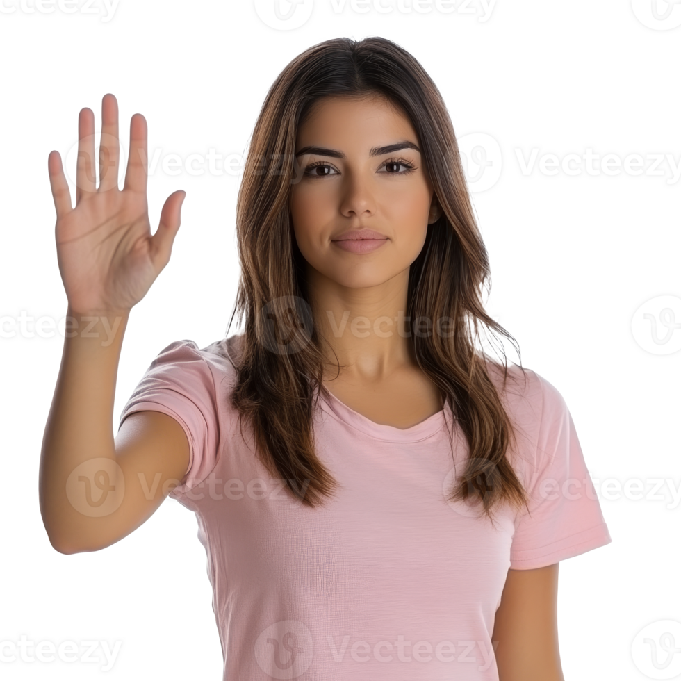 Young woman raising hand, white background png