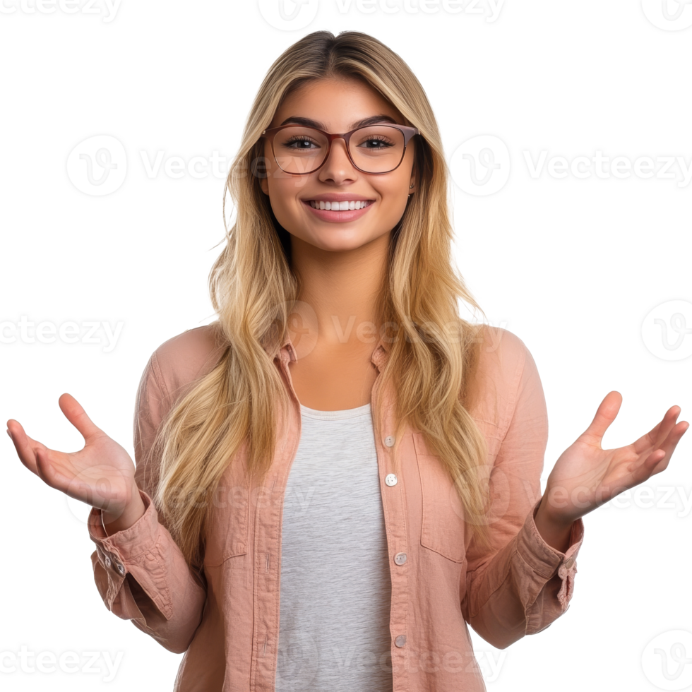 Young woman smiling and gesturing with open hands png