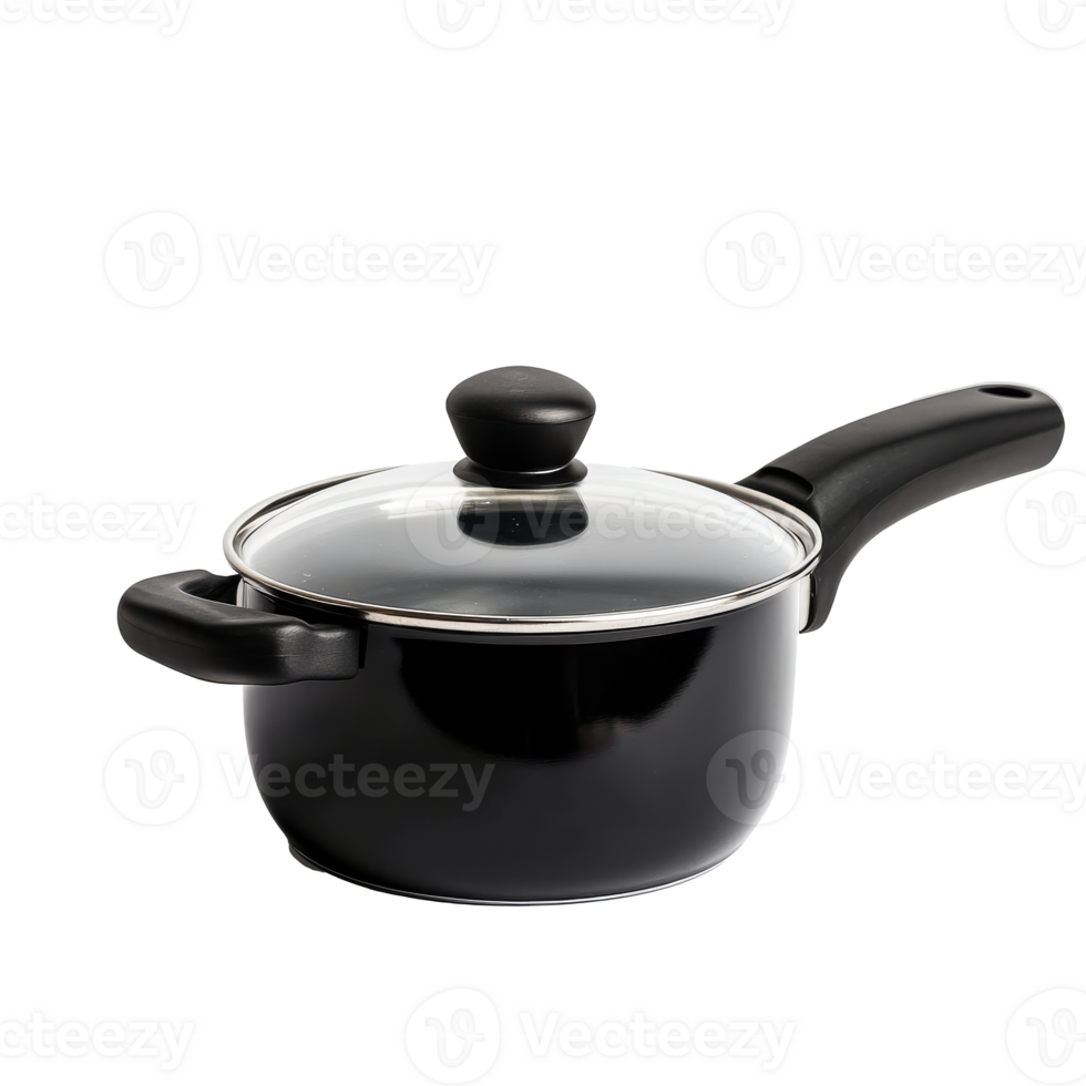 A small black saucepan with a glass lid on display png