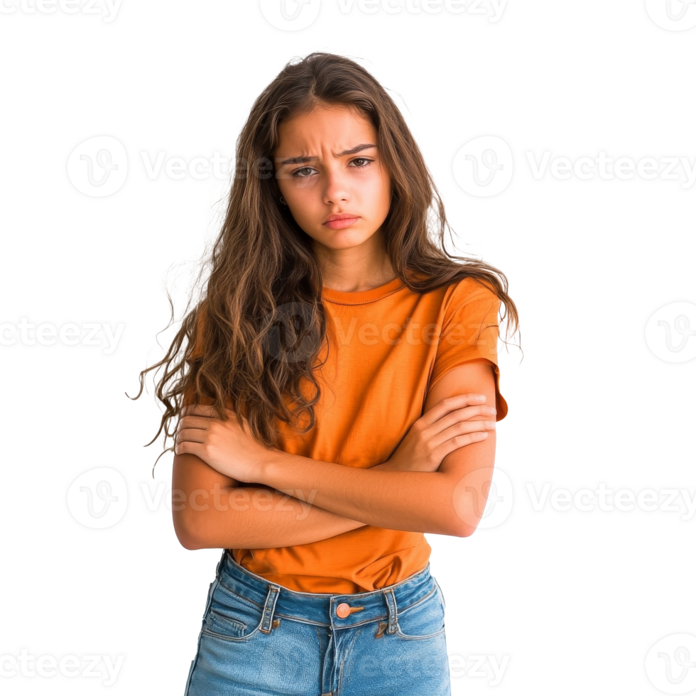 Sad girl with crossed arms indoors png