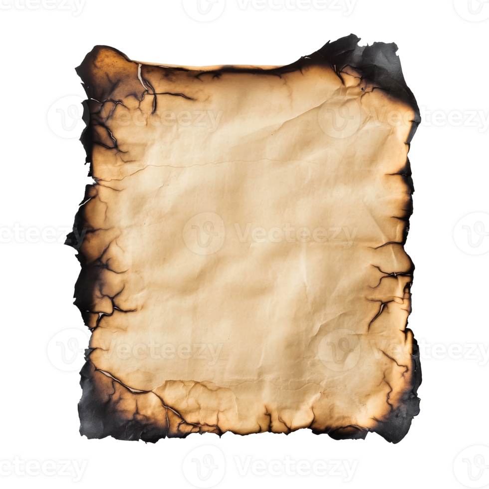 Old parchment paper with burnt edges and creases png