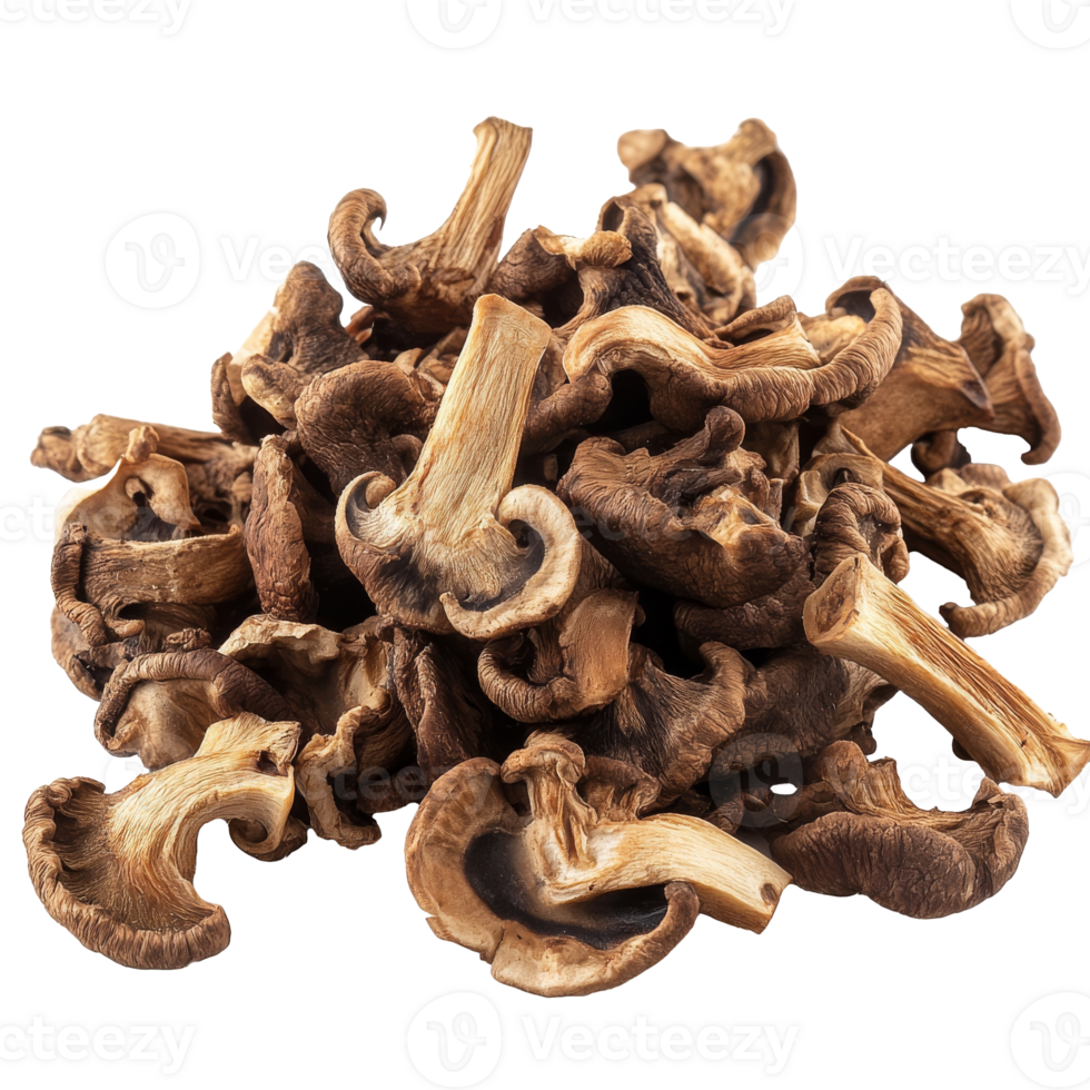 Dried shiitake mushrooms piled on a white surface png