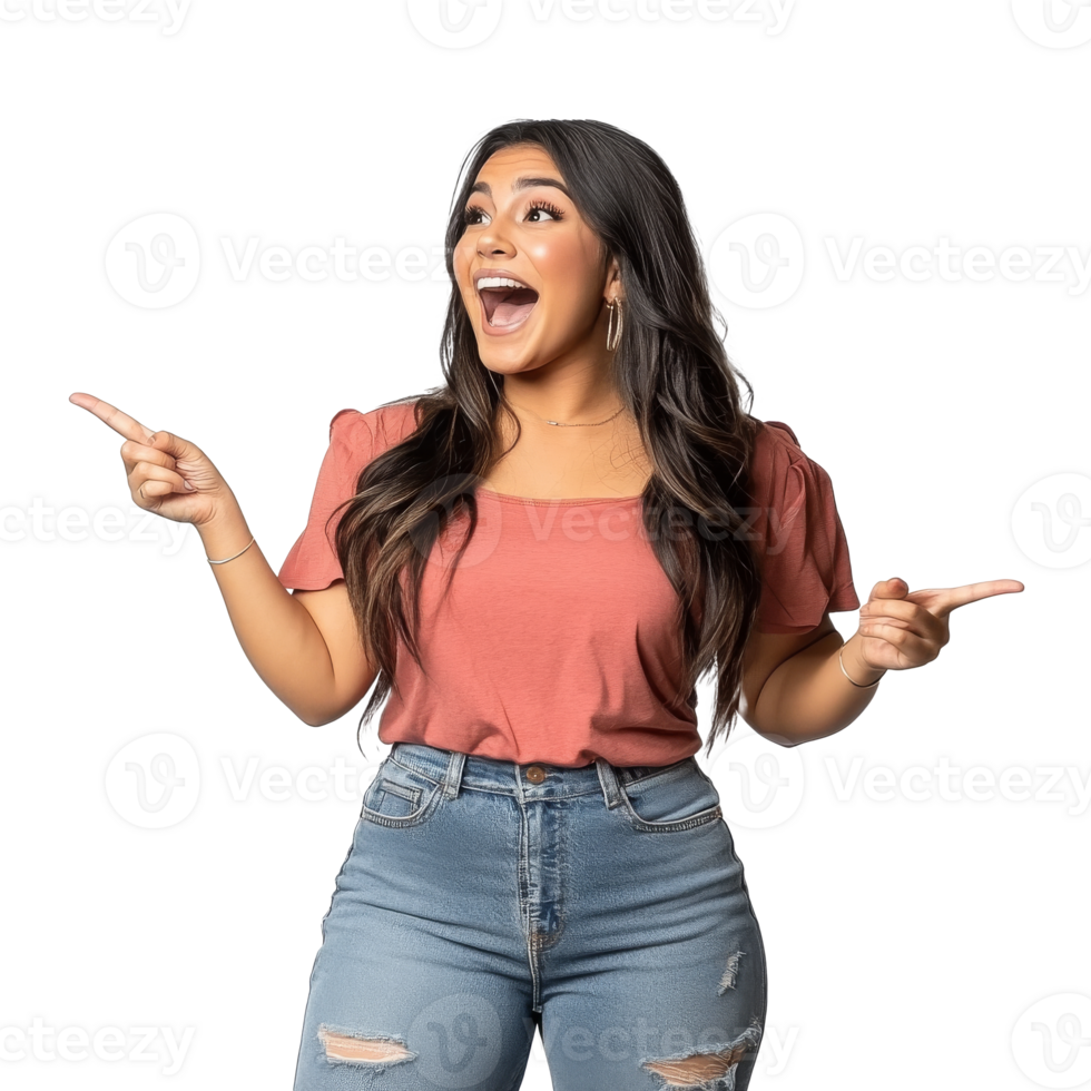Young woman joyfully pointing in a bright setting png