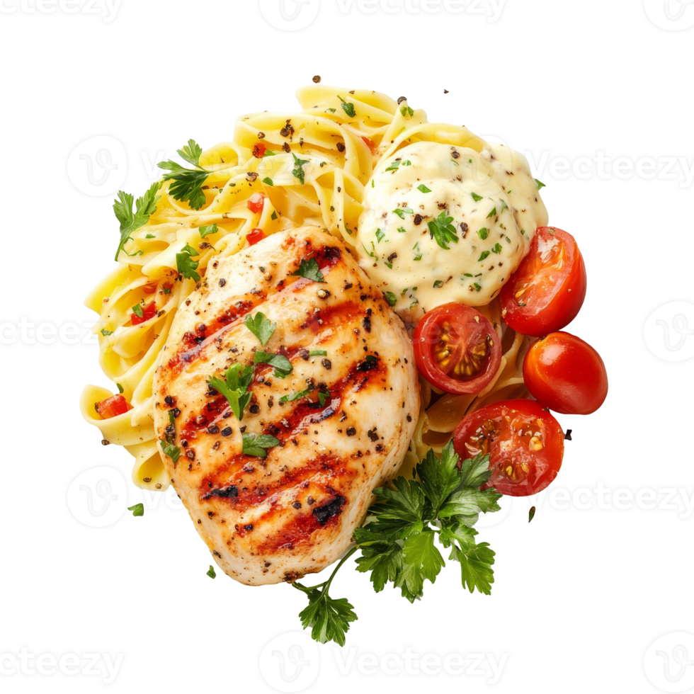 Grilled chicken pasta with tomato salad png