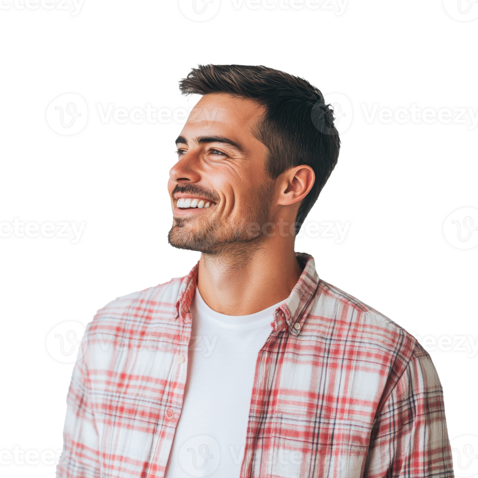 Joyful man in plaid shirt looking up png