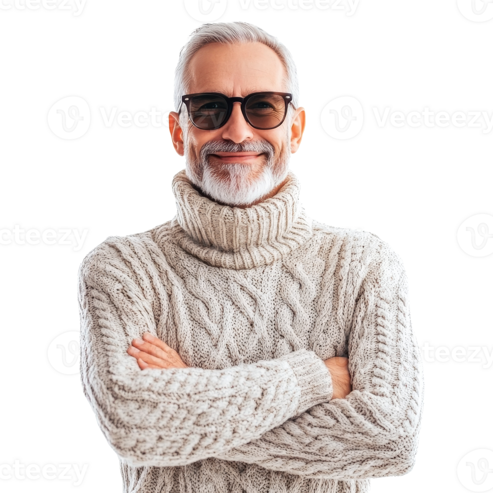 Elderly man in sweater and sunglasses outside png