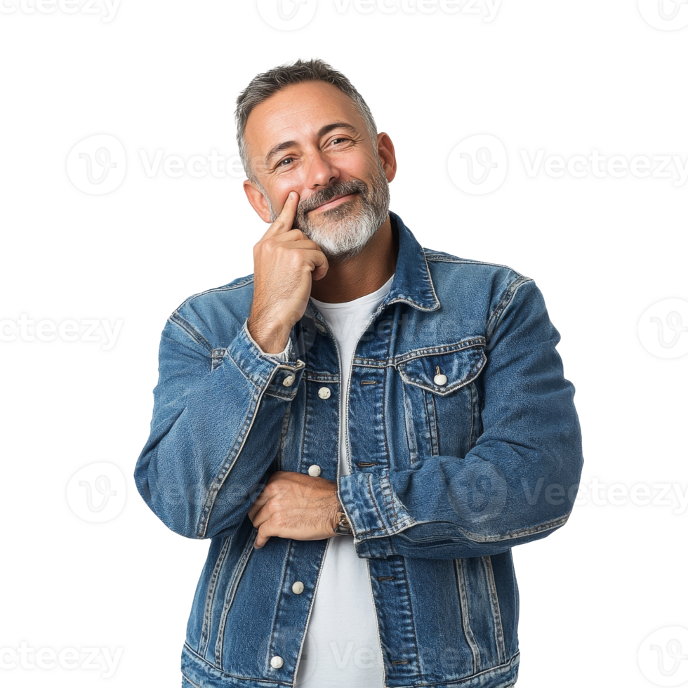 Thoughtful man in denim jacket indoors png