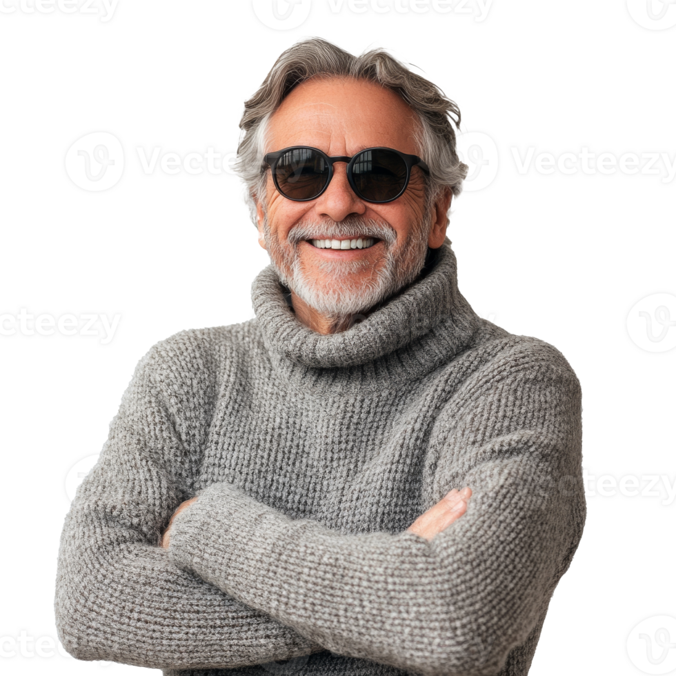 Elderly man smiling confidently in a cozy sweater png