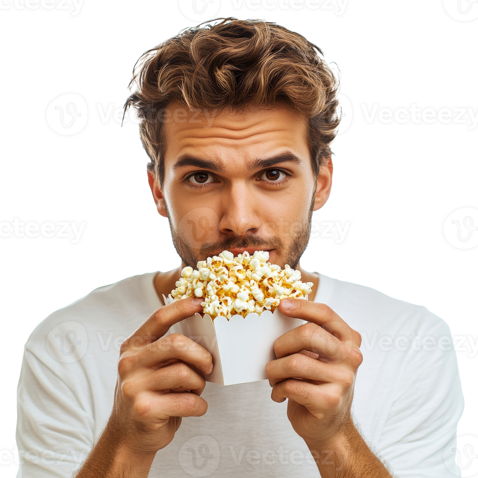 Young man enjoying popcorn while looking at camera png