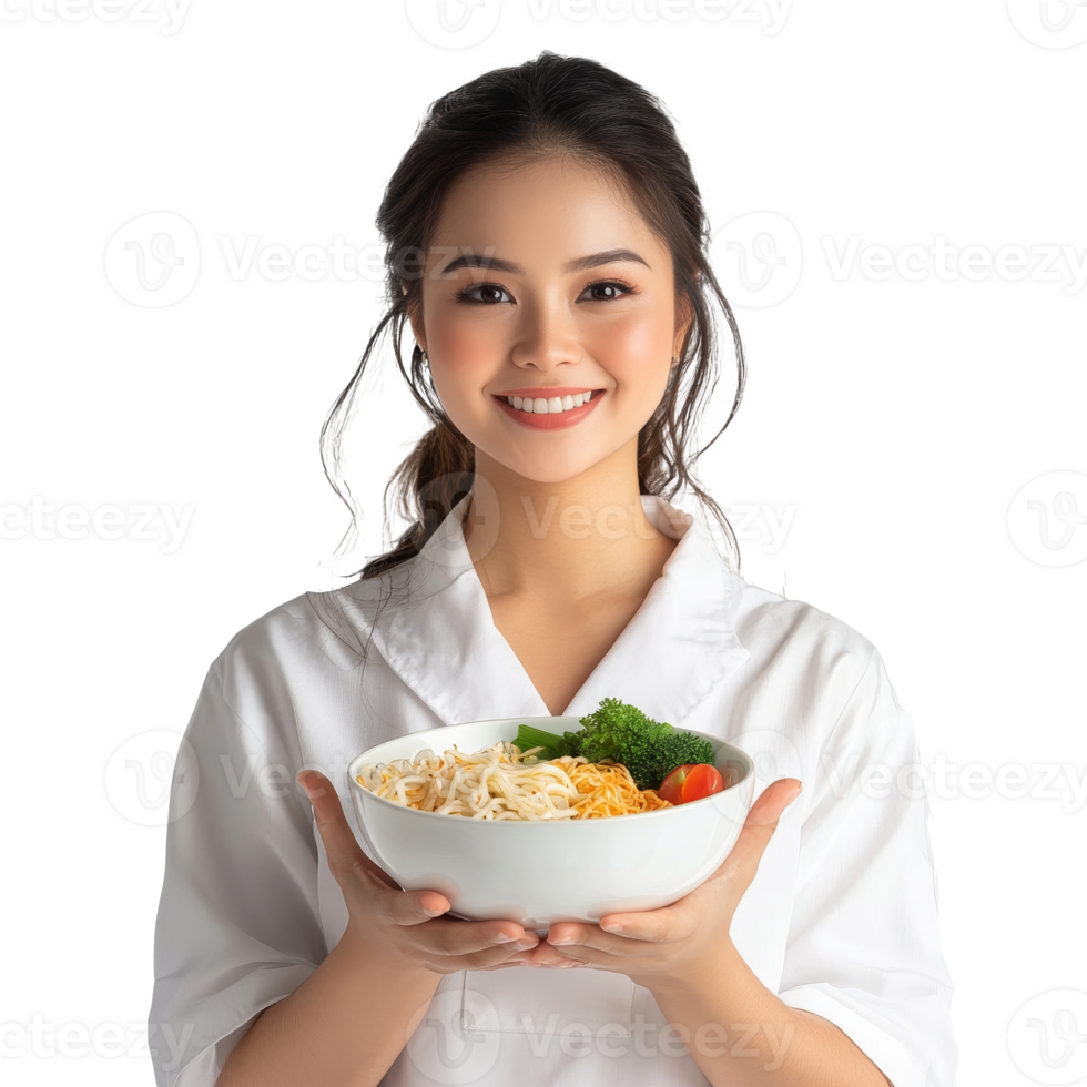 Woman with a bowl of veggies and noodles png