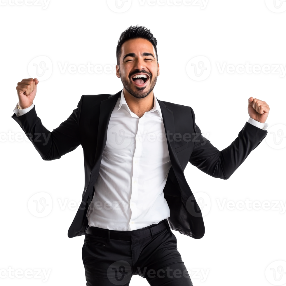 Man celebrating joyfully in formal attire indoors png