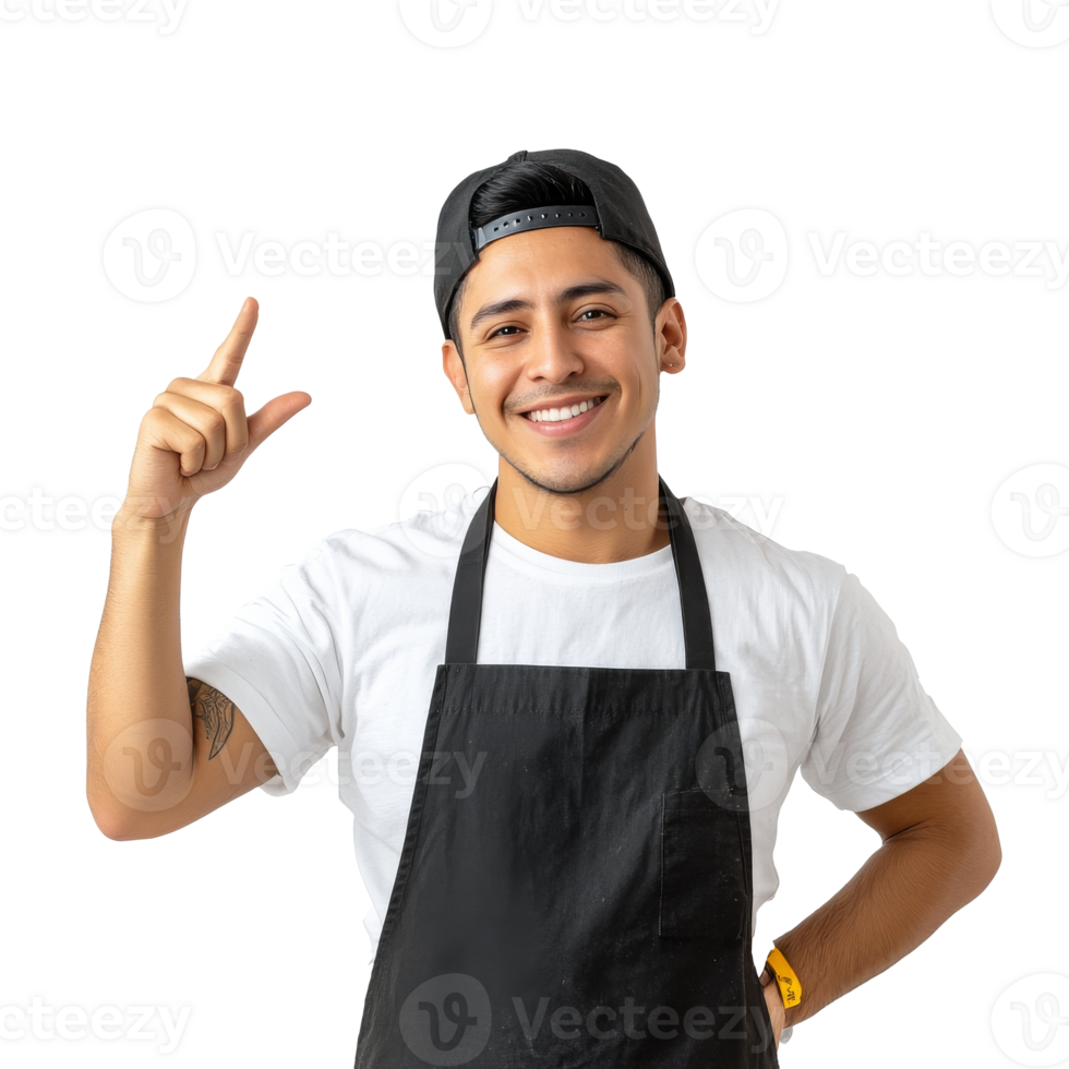 Young man in a black apron smiling and pointing png