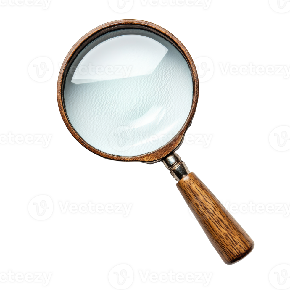Wooden handled magnifying glass on white png